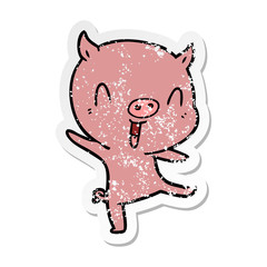 distressed sticker of a cartoon pig dancing