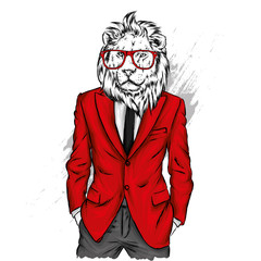 Lion with a human body in a jacket. Vector illustration. Hipster. Clothes and accessories. A man in a business suit.