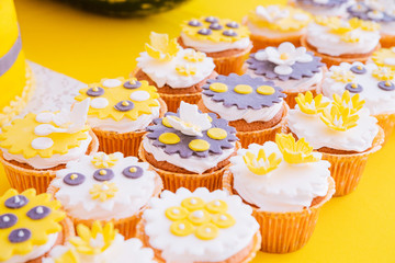 Cakes in the form of flowers. Horizontal photo