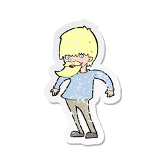 retro distressed sticker of a cartoon bearded man shrugging shoulders