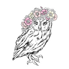 A beautiful owl in a wreath of wild rose. Vector illustration for postcard or poster, print for clothes. Spring and summer, a bouquet of flowers. Vintage and retro. Hipster. Cute bird. 