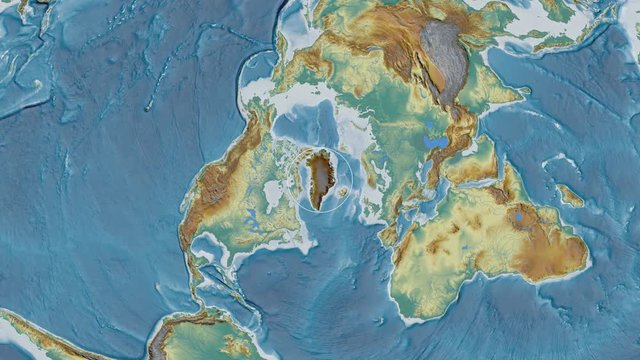 Greenland area presented against the global relief map in the Fahey projection with animated oblique transformation