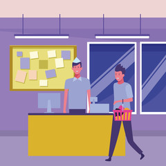 supermarket cashier and customers with shopping bags