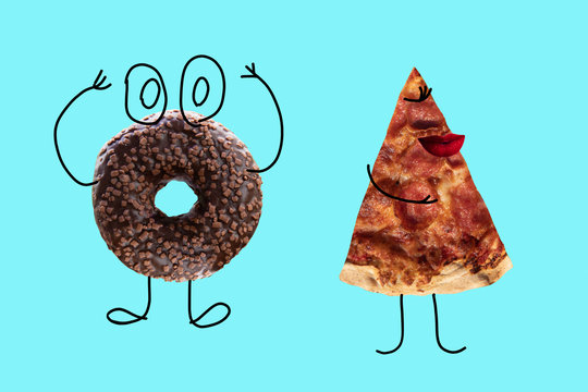 Chocolate Donut And Pizza On Blue Background. Quarrel Between A Man And A Woman, Family Relations.