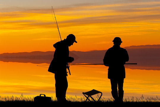 illustration of fisherman at sunset