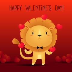 cute cartoon lion character  juggling hearts