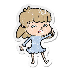 distressed sticker of a cartoon worried woman