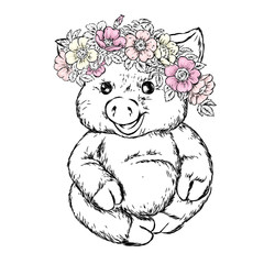 A beautiful pig a wreath of wild rose. Vector illustration for postcard or poster, print for clothes. Spring and summer, a bouquet of flowers. Vintage and retro. Hipster.
