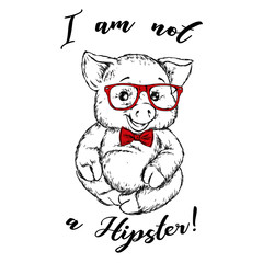 Cute pig in glasses and tie. Vector illustration for postcard or poster, print for clothes. Hipster. 