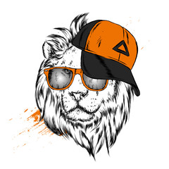 Beautiful lion in a cap and glasses. Predator. Vector illustration for postcard or poster, print for clothes or backpack. 