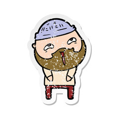 distressed sticker of a cartoon happy bearded man