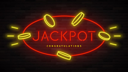 Jackpot neon banner template. Color card design with 3d glowing neon letters. Vector illustration with realistic light banner.