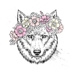 A beautiful wolf or dog in a wreath of wild rose. Vector illustration for postcard or poster, print for clothes. Spring and summer, a bouquet of flowers. Vintage and retro. Hipster
