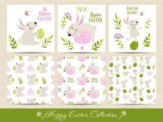 Fototapeta na wymiar Set of Easter seamless patterns and cards