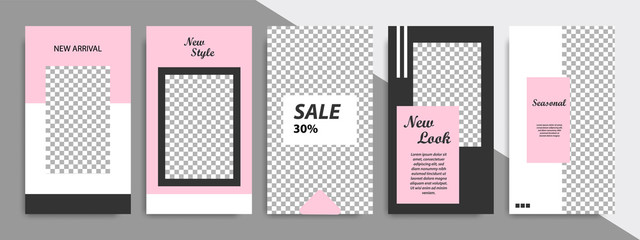 Modern minimal square stripe line shape template in pink, black and white color with frame. Corporate advertising template for social media stories, story, business banner, flyer, and brochure.