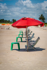 Deckchairs waiting for sunbathers, Praia do Frances, Maceio, Alagoas, Brazil