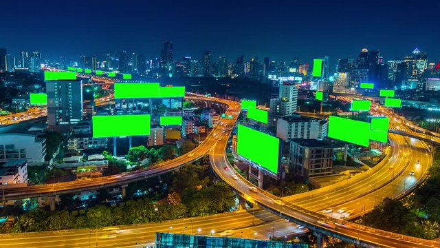 Advertising billboard green screen and traffic road.
