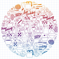 Vector set of children's kitchen and cooking drawings icons in doodle style. Painted, colorful, gradient, on a sheet of checkered paper on a white background