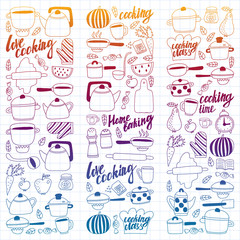 Vector set of children's kitchen and cooking drawings icons in doodle style. Painted, colorful, gradient, on a sheet of checkered paper on a white background