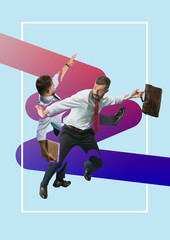 Contemporary modern art collage about businessmen with briefcase, start up concept. Success, business, achievement, progress, career concepts. employee relations