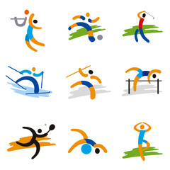  Set of sport icons. Colorful illustration with nine sport expressive icons. Isolated on white background. Vector available.