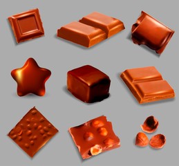 Chocolate bars and pieces, vector set