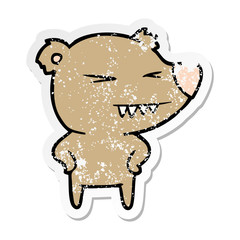 distressed sticker of a angry bear cartoon with hands on hips