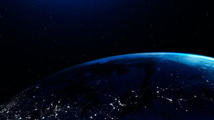 Big planet Earth. The flight above the Earth. View from space. Sunny dawn.