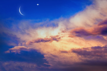 Obraz na płótnie Canvas New moon. Prayer time. Generous Ramadan. Mubarak background. A decline or rising with cloud