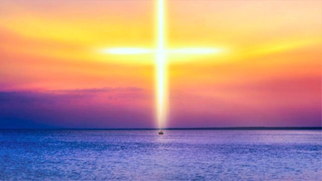 Heavenly Cross . Religion symbol shape .  Dramatic nature background  . Glowing cross in sky . Happy Easter. Light from sky . Religion background .  Paradise heaven . Light in sky .  