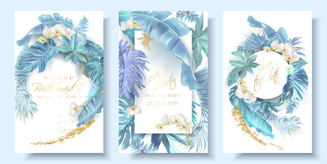 Fototapeta na wymiar Tropical blue leaves and orchid wedding cards