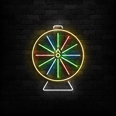 Vector realistic isolated neon sign of Wheel of Fortune logo for template decoration and covering on the wall background. Concept of roulette and jackpot.