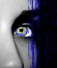Beautiful insightful look blue woman eye. Close-up