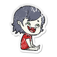 distressed sticker of a cartoon laughing vampire girl