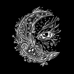 Decorative Moon or Crescent with Eye white on black