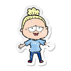 distressed sticker of a cartoon happy old lady