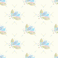 Seamless vector pattern, hand drawn decorative background with cute butterflies. Pastel mono color, repeating template for wallpaper, fabric, packaging, Graphic design, beautiful illustration.