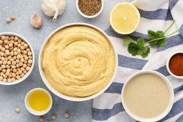 Hummus ingredients - chickpea, lemon, garlic, sesame, olive oil.