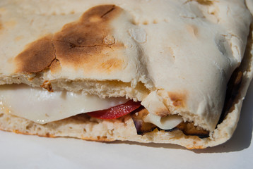 Closeup of vegetarian Crescia typical sandwich of Gubbio city