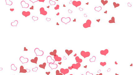 Red hearts of confetti are flying. Red on White fond Vector. A sample of wallpaper design, textiles, packaging, printing, holiday invitation for Valentine's Day. Light background.