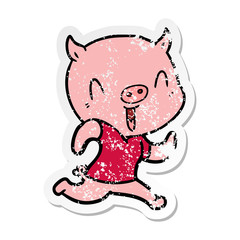 distressed sticker of a happy cartoon pig