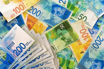 Israeli money stack of the new Israeli money bills (banknotes) of 50, 100 and 200 shekel. New Israeli Shekel series C.