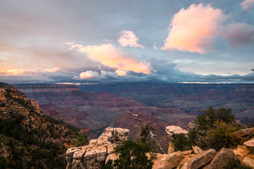 Rainy day at Sunrise/ sunset - Beautiful view at the Edge of the Canyon at the Grand canyon in the USA 