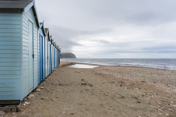 Blue beach holiday house English Channel on Jurassic coast Charmouth, Dorset, UK