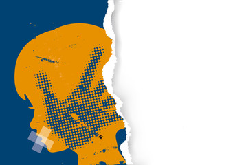 LIttle girl victim of Violence, ripped paper banner template. Little girl head grunge silhouette with with hand print after hand slap and mouth wrapped with tape .Place for your tex or image. Vector a