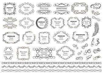 Calligraphic design elements . Decorative swirls or scrolls, vintage frames , flourishes, labels and dividers. Retro vector illustration.