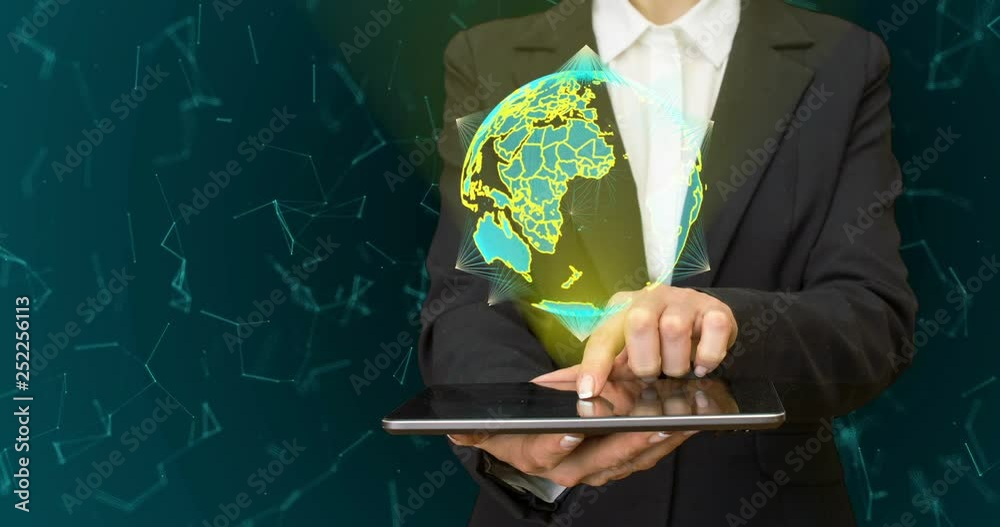 Poster abstract globe with particles and plexus structure. digital technology planet with continent forming