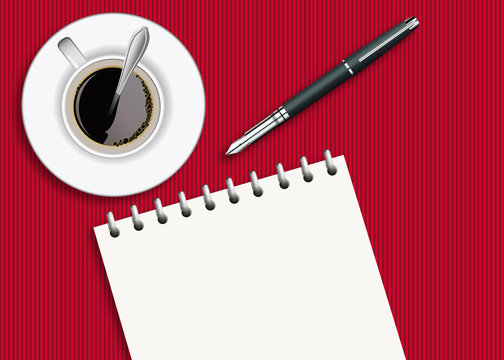 Concept de la création et de la conception avec la page blanche d’un carnet de notes, un stylo plume et une tasse de café vu du dessus.