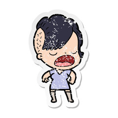 Obraz premium distressed sticker of a cartoon cool hipster girl talking
