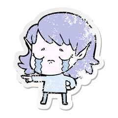 distressed sticker of a cartoon crying elf girl